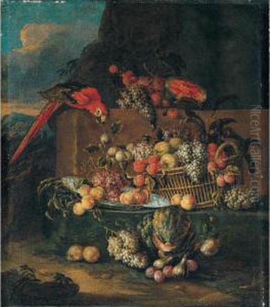 Still Life Of Fruits In A Basket And A Blue And White Dish With A Parrot In A Landscape - view 1