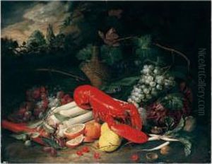Still Life Of A Lobster, Leeks,
Carrots, Radishes, Cabbage, Grapes, Oranges, Lemons, Cherries And
Walnuts, Together With A Flagon Of Wine, In A Landscape Setting by Jan Pauwel Ii Gillemans