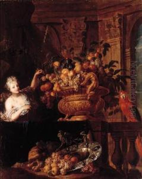 A Silver-gilt Bowl, Grapes,
Peaches, Oranges, Figs And A Basket Offruit With A Monkey And A Squirrel
On A Ledge, With A Lady Before Aportico; And A Gilt Bowl, Grapes,
Oranges, Apples And Other Fruitwith A Macaw And A Lady By A Partially
Draped Led - view 1