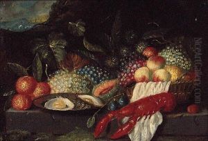 A Lobster, A Plate Of Oysters And Fruit On A Stone Ledge In Alandscape by Jan Pauwel Ii Gillemans