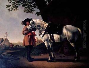 A Cavalier with a grey horse by Abraham Van Calraet