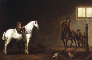 Horsemen with a grey and a bay in a riding school by Abraham Van Calraet