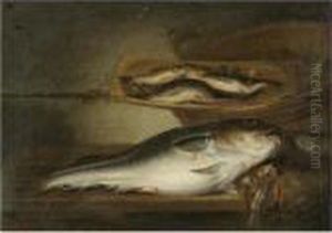 A Still Life With Fish On A Table Top, Other Fish In A Vat Behind by Jakob Gillig