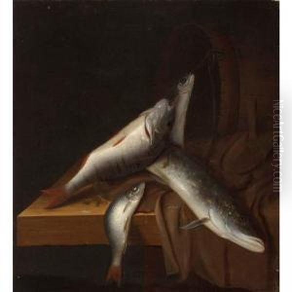 A Still Life With Freshwater Fish On A Wooden Draped Ledge, A Barrel Beyond - view 1