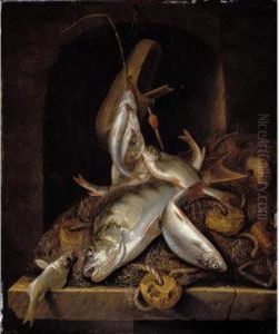 A Still Life Of Freshwater Fish And Fishing Nets, Piled High On A Stone Ledge In A Niche by Jakob Gillig