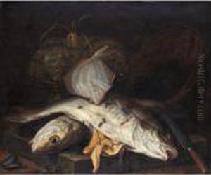 Still Life Of Salt Water Fish On A Stone Floor, With Mussels And Squid In Wicker Baskets by Jakob Gillig