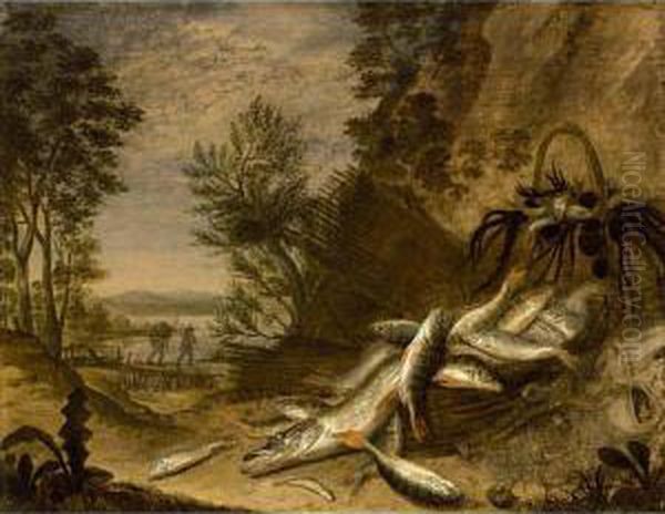 A Pike, A Carp And Other Fish In A Landscape With Baskets And Fishing Nets - view 1
