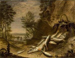 A Pike, A Carp And Other Fish In A Landscape With Baskets And Fishing Nets by Jakob Gillig