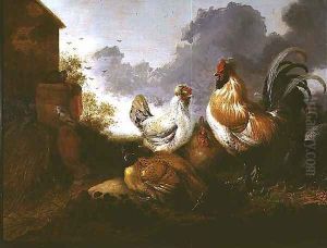 Poultry in a farmyard by Abraham Van Calraet
