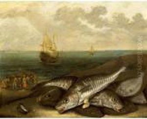A Still Life With Haddock And
Plaice On A Beach, Together With Fishmongers Selling Their Catch And
Sailing Vessels At Sea In The Background A Still Life With Haddock And
Plaice On A Beach, Together With Fishmongers Selling Their Catch And
Sailing Vessels At Sea In The Background