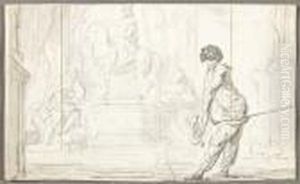 Scene De Carnaval Avec Arlequin Devant Une Statue Equestre by Claude Gillot