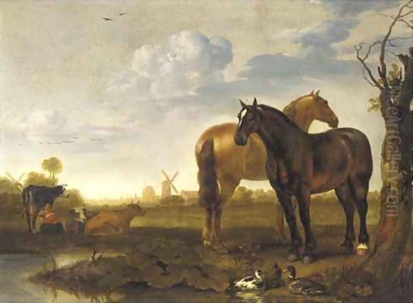 Two horses and a milkmaid with cows in a landscape with a pond, a view of a city beyond by Abraham Van Calraet
