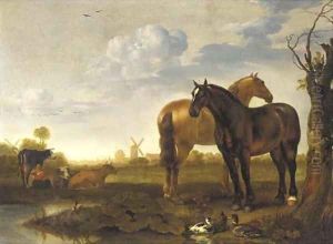 Two horses and a milkmaid with cows in a landscape with a pond, a view of a city beyond by Abraham Van Calraet