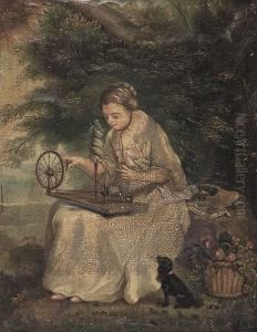 Young Girl Spinning Yarn by Claude Gillot