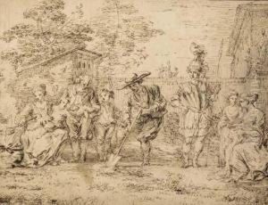 Les Quatre Ages De La Vie: Seven Figures In A Garden, One Digging With A Spade by Claude Gillot