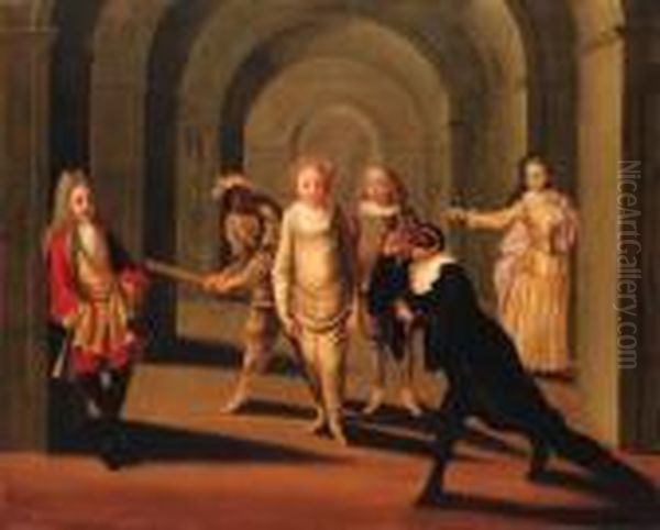 Actors From The Commedia Dell'arte In An Arcade - view 1