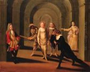 Actors From The Commedia Dell'arte In An Arcade by Claude Gillot
