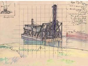 Study For Halifax Harbour, Dredger With Derrick