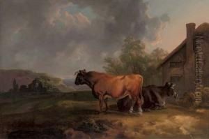 Cattle In A Landscape By A Cottage, With Ruins Beyond by Sawrey Gilpin