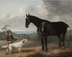Portrait Of A Dark Bay Horse, With A Spaniel And A Young Boy by Sawrey Gilpin