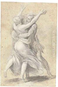 A female figure throwing up her arms, seen from behind, embraced by an advancing warrior for a Rape of the Sabines