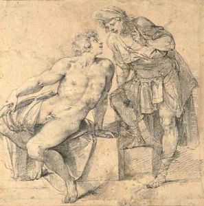 A seated nude youth turning addressed by a soldier by Giuseppe Cesari