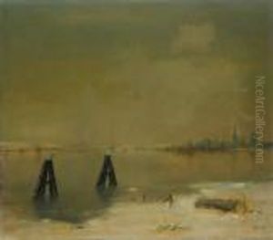 Winterliche Polder Landschaft 
Mit Verschneitem Ufer Und Stadtturmen Im Hintergrund (dordtrecht) by Victor Olivier Gilsoul