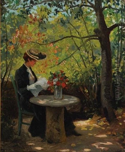 Woman Reading In A Sunlit Garden - view 1