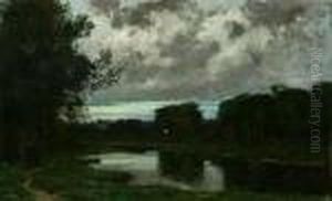 Victor Gilsoul . Sunset Over Pond And Chateau by Victor Olivier Gilsoul