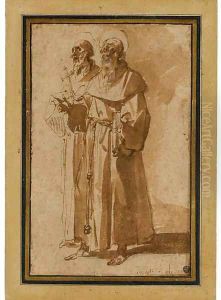 Deux moines aureoles, l'un portant un livre, l'autre une croix