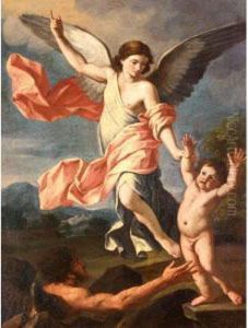 An Angel And A Devil Fighting For The Possesion Of The Soul Of A Child by Giacinto Gimignani