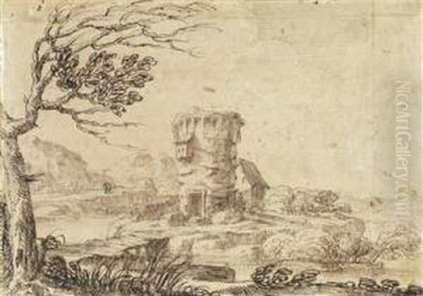 Landschaft Mit Bruckeund Turm An Einem Flus - view 1