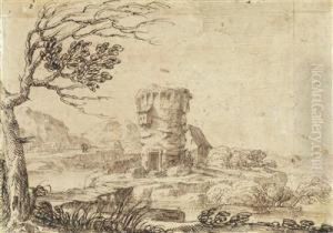Landschaft Mit Bruckeund Turm An Einem Flus by Giovanni Francesco Grimaldi