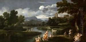 Paesaggio Fluviale Con Bagnanti E Viandanti