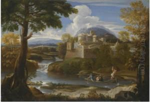 A River Landscape With An Elegant Couple Boating In The Foreground A River Landscape With An Elegant Couple Boating In The Foreground
