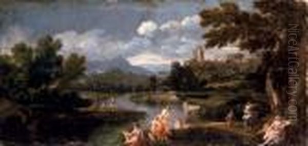 Figures Bathing In An Extensive River Landscape - view 1