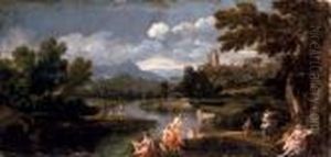 Figures Bathing In An Extensive River Landscape by Giovanni Francesco Grimaldi