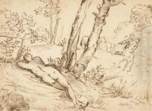 Une Femme Endormie Dans Un Paysage Avec Un Satyre Enlevant Unefemme by Giovanni Francesco Grimaldi