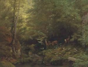 Deer In A River Landscape by Albert Girard