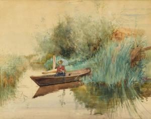 Young Lady With Parasol Fishing In A Punt by Jules Girardet