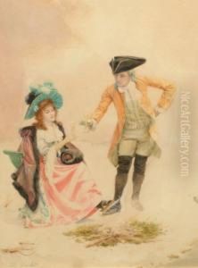 Skating Couple, Warming By A Fire And Taking A Drink