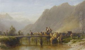 Flock Of Sheep On A Bridge. by Karl Girardet
