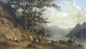 Ziegenhirten Am Sommerlichen Flussufer by Karl Girardet