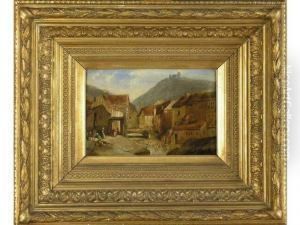 Riviere Traversant Un Village Suisse Anime En Montagne by Karl Girardet
