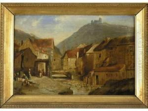 Riviere Traversant Un Village Suisse Anime En Montagne by Karl Girardet
