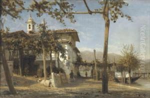 Uferpartie Am Lago Maggiore Mit Kirche Undfigurenstaffage by Karl Girardet