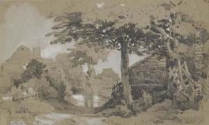 Landscape With A Peasant And Houses--lisle Sur Tarn by Karl Girardet