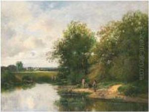 Paysage En Ete Avec Pecheurs by Karl Girardet