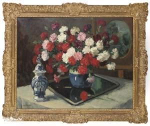 Assorted Carnations In A Blue Pot, On A Table