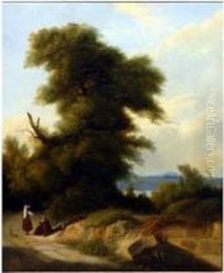 < Conversation A Lombre Dun 
Grand Arbre> Huile Sur Toile Monogrammee En Bas A Gauche 54 X 44 Porte 
Lecachet De La Vente Au Dos